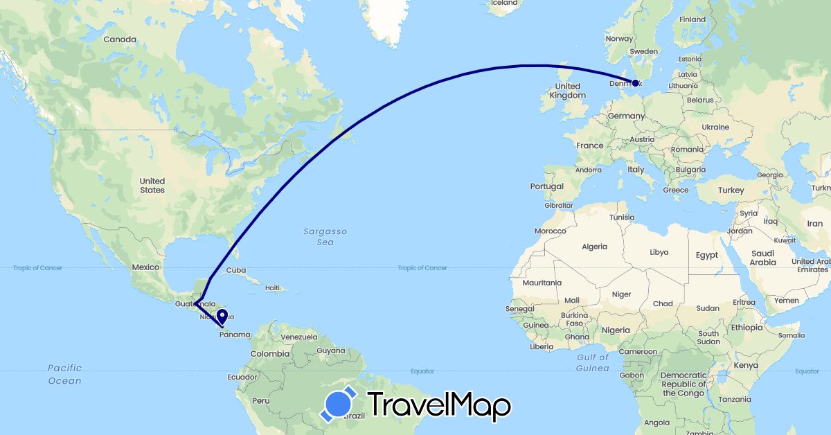 TravelMap itinerary: driving in Belize, Costa Rica, Denmark, Guatemala, Mexico (Europe, North America)
